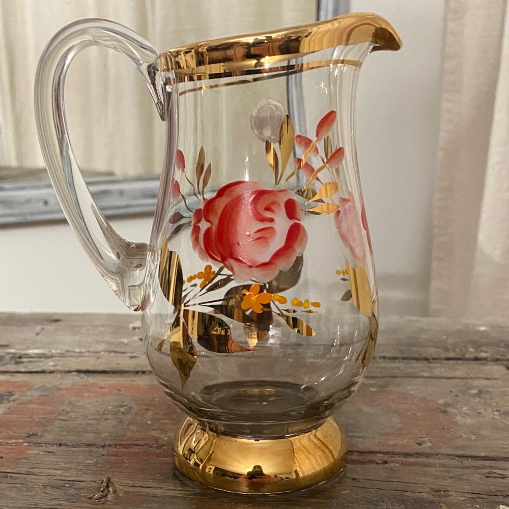 Vintage Gold Rim Floral Glass Creamy Mini  Pitcher Hand Painted Roses Barware